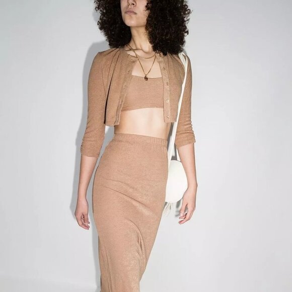Reformation XL Janice Beige Light Brown Cropped Cardigan Sweater 3/4 Sleeves‎ - Picture 1 of 11